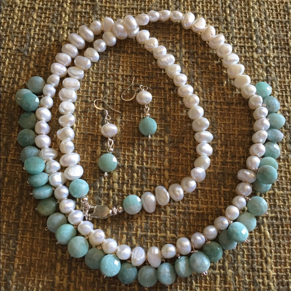 Peruvian Opals and Pearl Necklace and Earrings